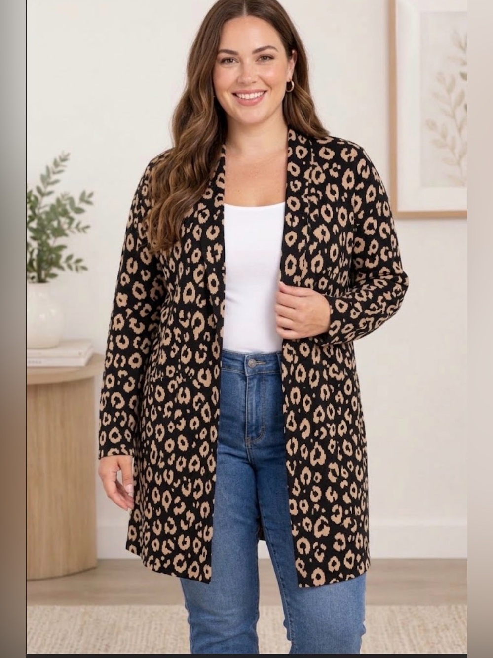 Kasper Leopard Print Open-Front Cardigan